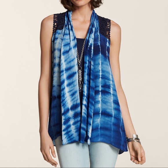 Chico's Jackets & Blazers - BRAND NEW Chico’s Boho Blue Tie-dye Crochet Vest Size XL